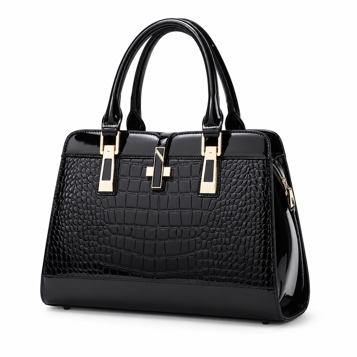 Elegant Black Crocodile Embossed Structured Handbag