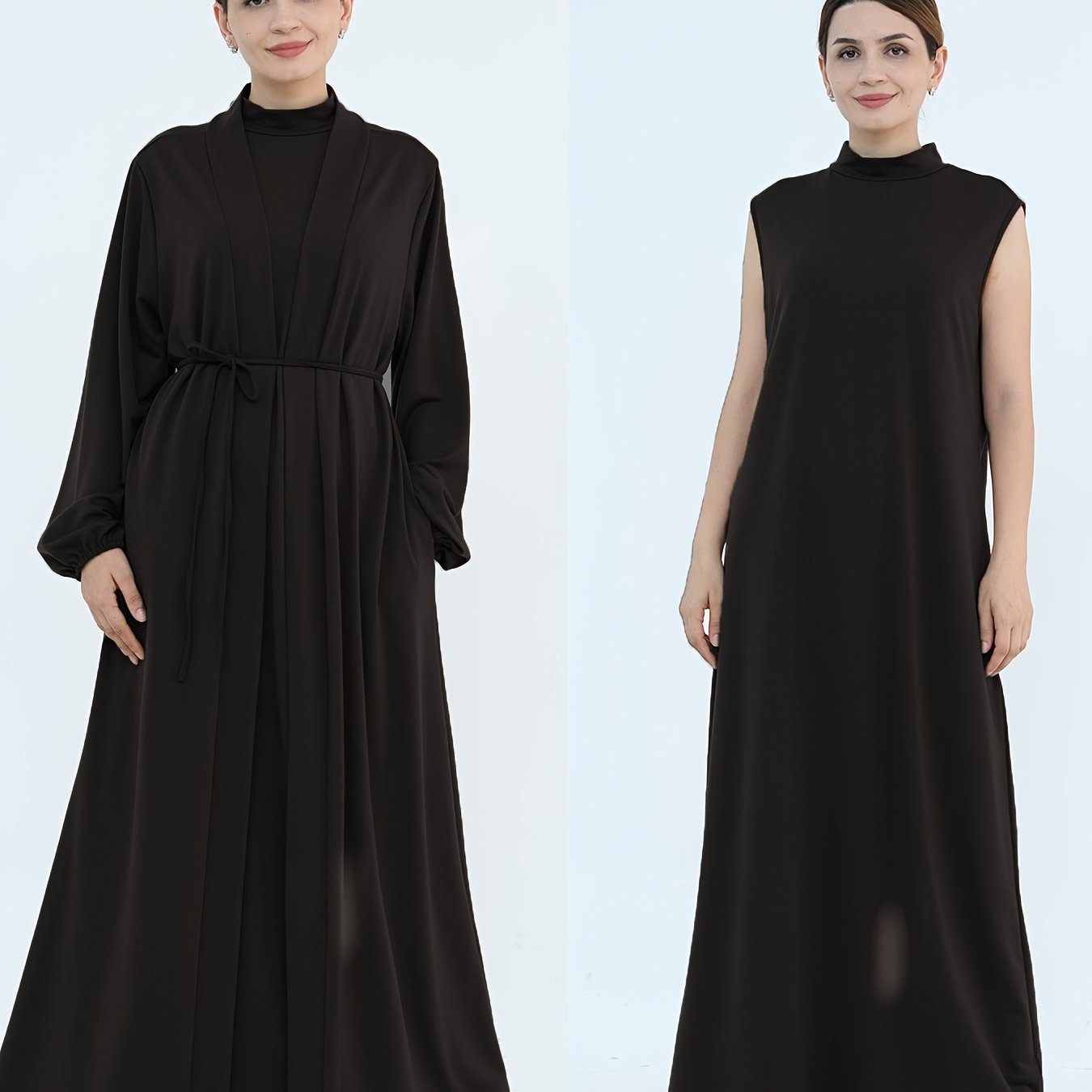 2pcs Solid Color Dress + Casual Round Neck Sleeveless Vest | Women's Clothing, Long Sleeve Arabic Abaya