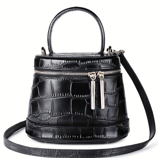 Leather Handbags for Women-tote bag with zipper, Vintage Genuine Leather Crossbody Bucket Bag,with Adjustable Shoulder Strap Top Handle,Zipper Closure
