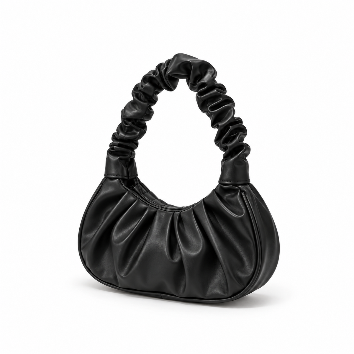 Black Ruched Handle Crescent Shoulder Bag