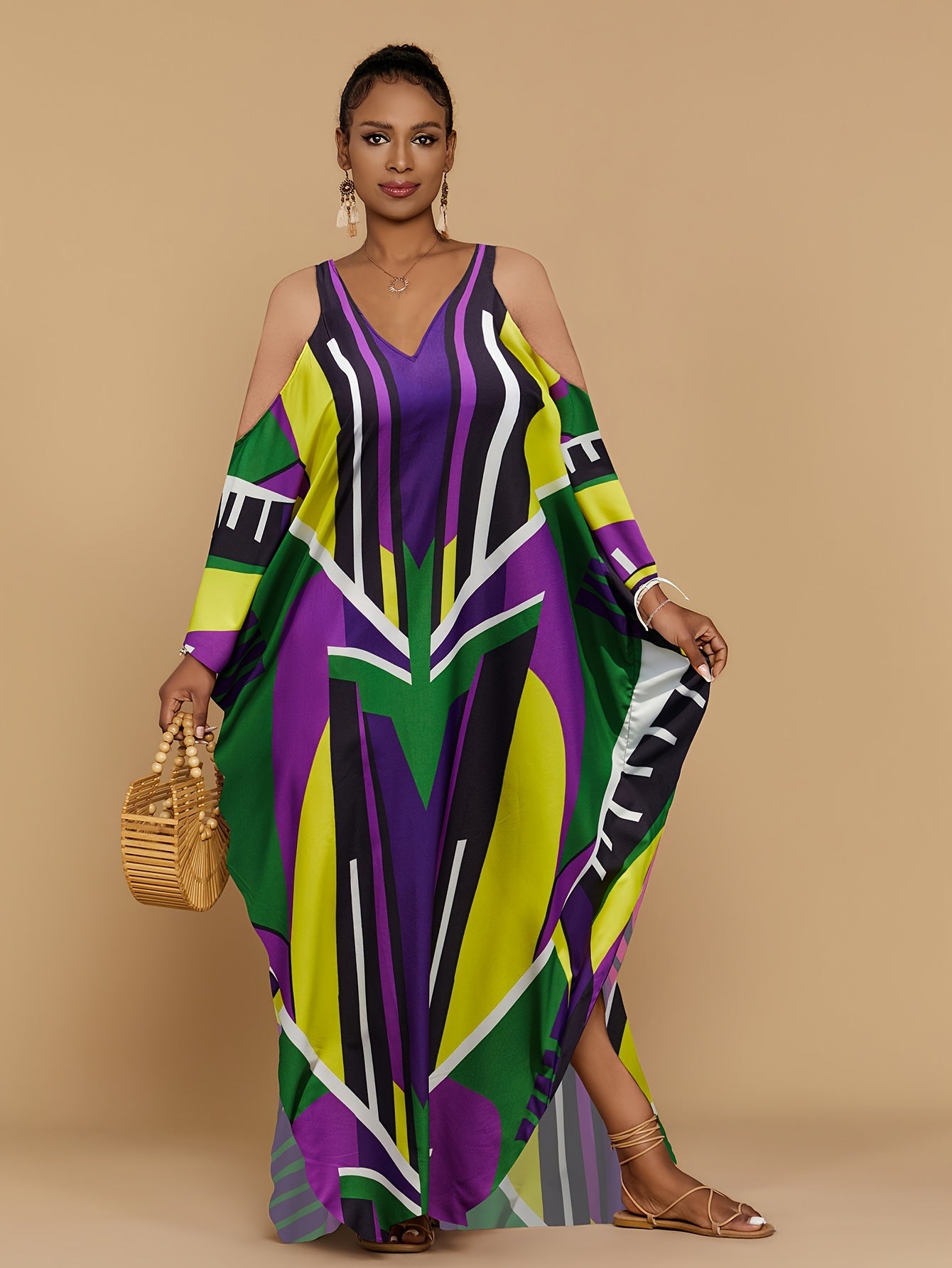 Vibrant Bohemian Kaftan Dress - Four-Sided Elastic V-Neck, Bat Sleeves, Beach Cover-Up