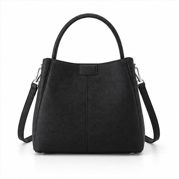 Elegant Black Structured Leather Bucket Handbag