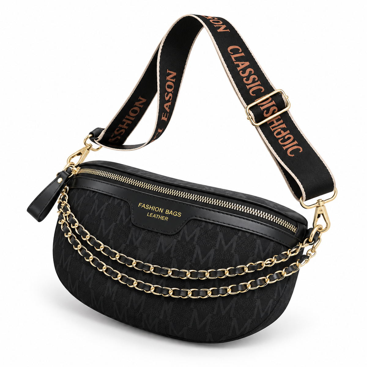 Black Monogram Crossbody Bag With Chains