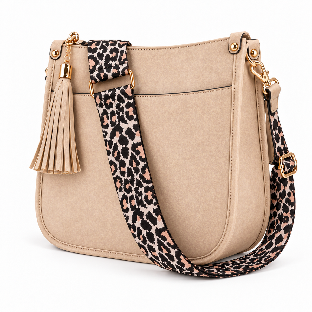 Beige Vegan Crossbody Bag Leopard Strap