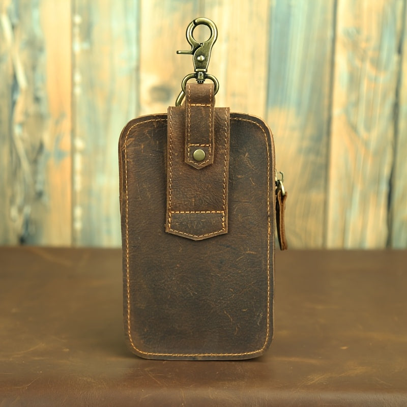 Men's Vintage Crazy Horse Top-Grain Vintage Leather Waist Bag, Casual Style, Multi-Functional Fanny Pack for Daily Commute, No Print, Durable Belt Hanging Pouch for Mobile Phone