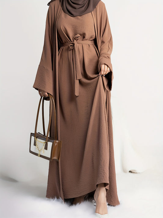 Muslim Lady 2pcs Arabic Abaya Set Eid Abaya Inner+open Abaya With Pocket