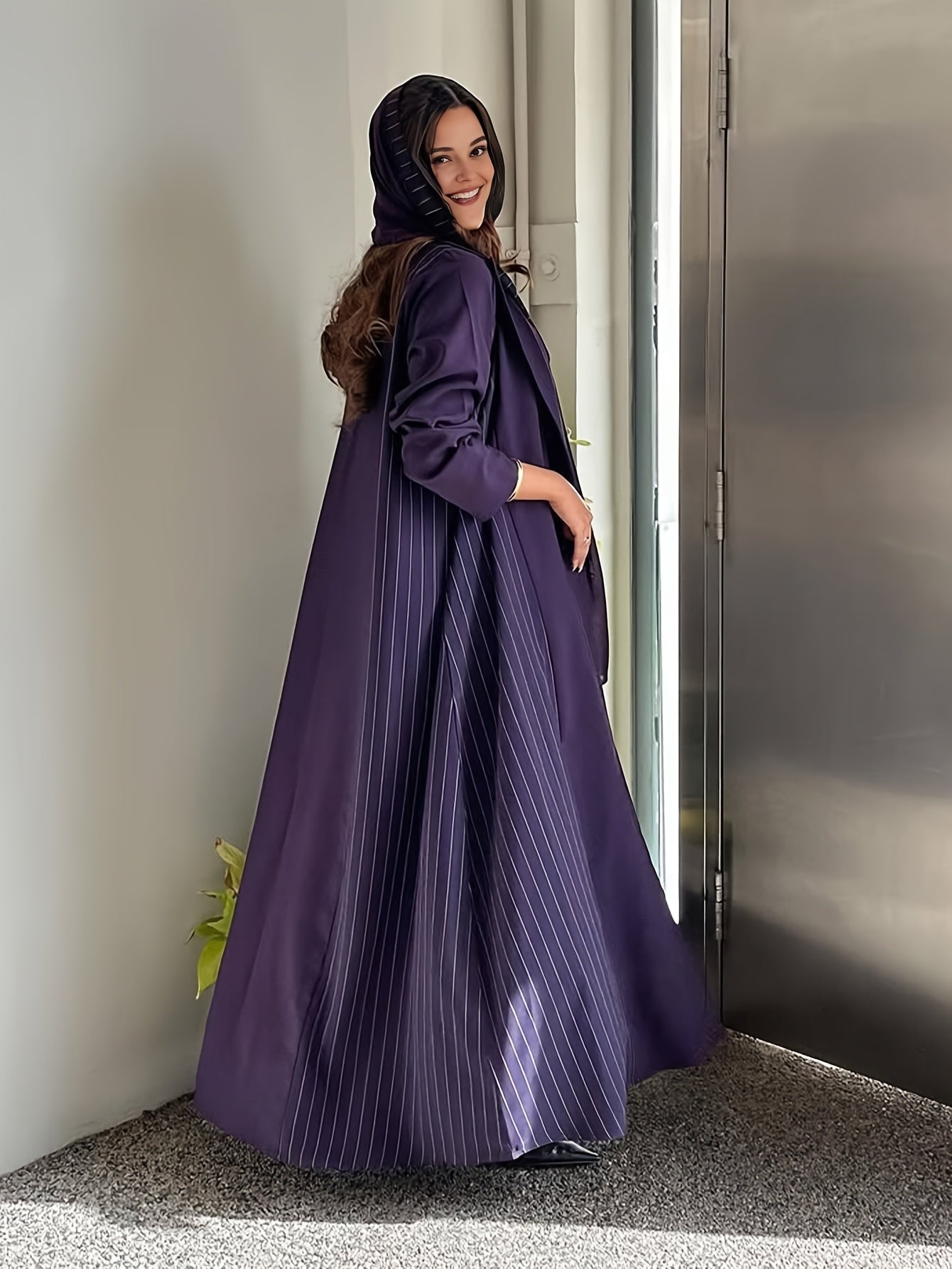 Women's Elegant Striped Purple Abaya Jacket - Long Sleeve Open Front with Lapel Collar, Loose Fit for Casual & Formal Wear, Versatile All-Season Layering Piece, Cultural Fashion, Sophisticated Design
