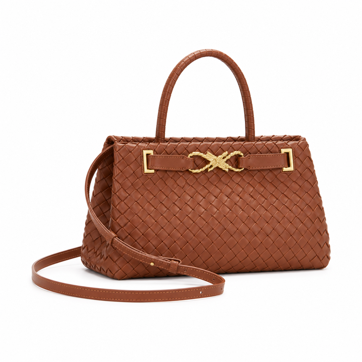 Brown Woven Handbag With Gold Hardware