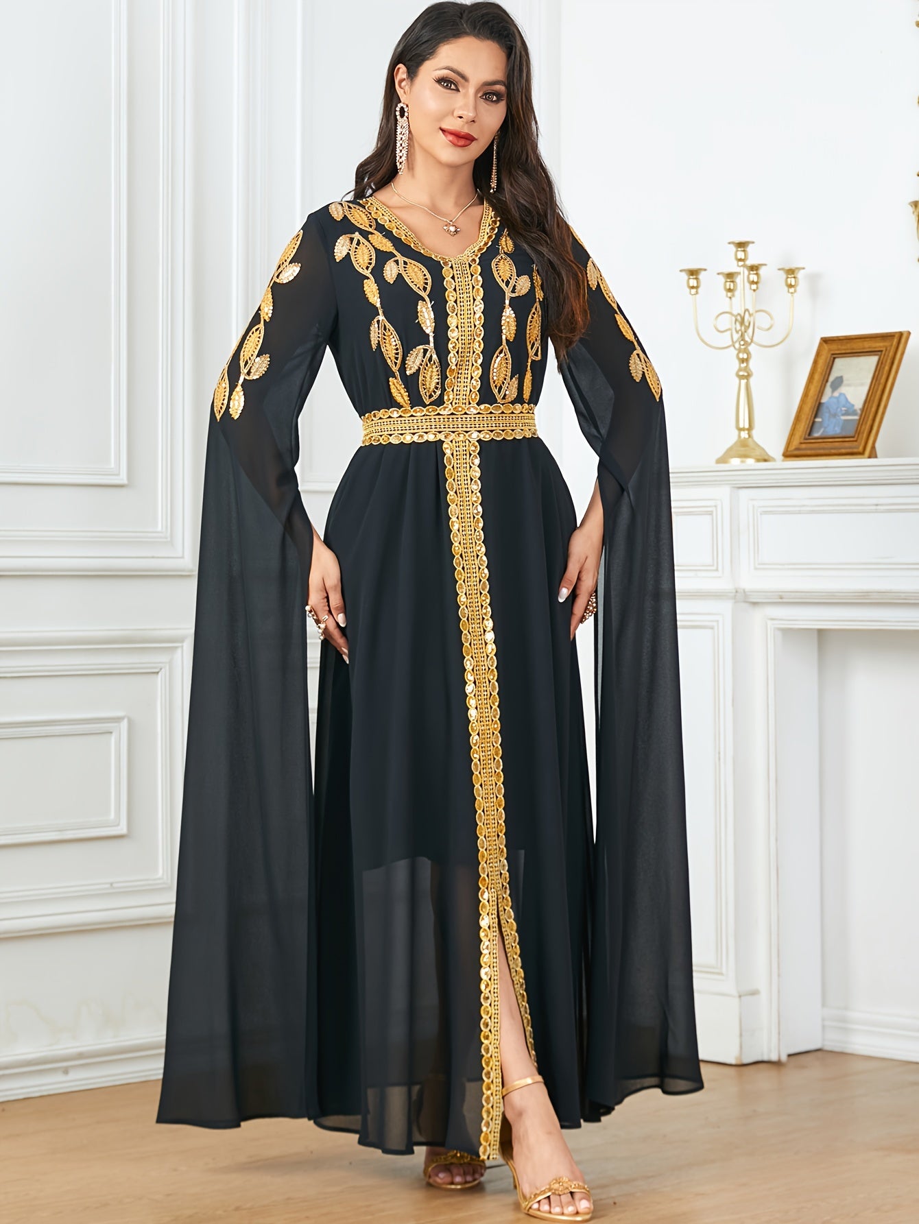 Embroidered V-Neck Abaya Dress, Elegant Cape Sleeve Maxi Dress, Women's Clothing