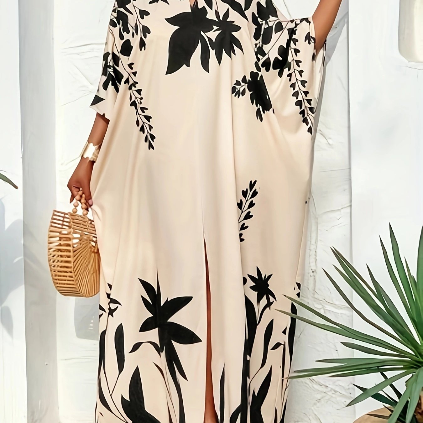 Plus Size, Autumn/Winter Plus Size Blue and White Botanical Print Elegant Dress, Flattering and, Versatile for Daily Outings, Suitable for Christmas, Valentine's Day, and Various Holiday Occasions