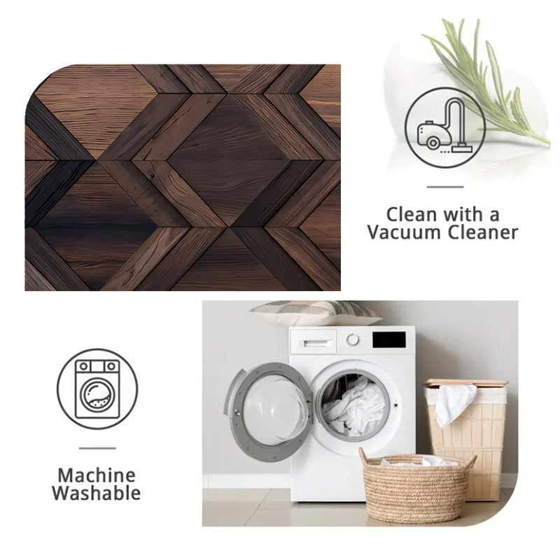[Crystal Velvet | Wooden Inlay] 700G 1pc Wooden Inlay W-shaped Pattern Mat, Crystal Velvet + Dot Embossed Bottom | Outdoor Rugs, Suitable for Courtyard, Terrace, Balcony | Machine Washable, Outdoor Mat