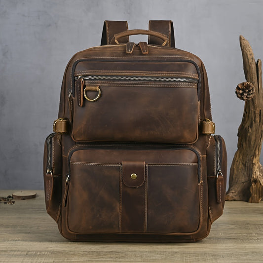 Vintage Men's Leather Laptop Bag, Large Capacity, Vintage Top Grain Cowhide, Casual Style, Unisex, Daily Commute, No Print, Head Layer Leather, No Battery Included