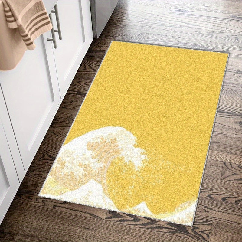 1pc Coastal Area Mat - Lightweight Machine-Washable Mat with Non-Slip Backing, Easy-Clean Floor Mat for Living Room, Bedroom, Bathroom, Kitchen - Modern Coastal Decor in Yellow & White, Durable Indoor/Outdoor Mat for Home, Of