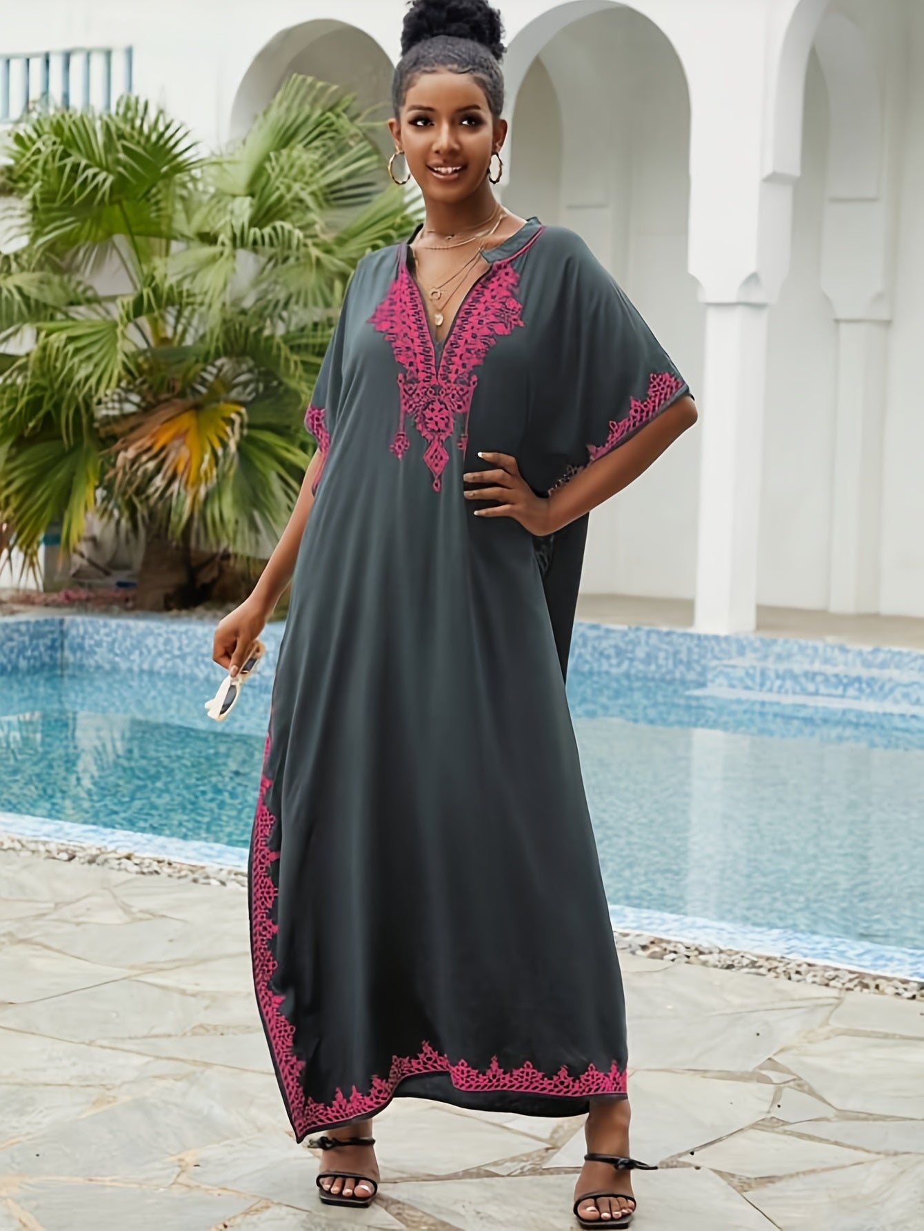 Batwing Sleeve House Kaftan Dress | Embroidery Batwing Sleeve House Kaftan Dress