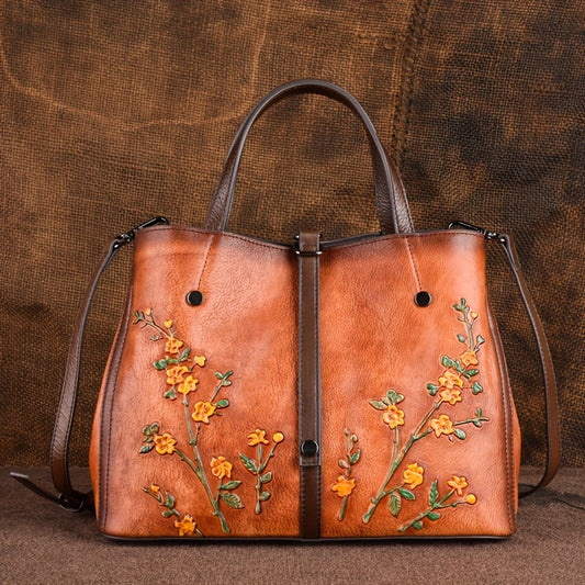 The First Layer Of Cowhide, Leather Women's Bag, Multi-compartment, Large Capacity, Embossed Retro Craft, Pure Hand-made Color, Women's Handbag