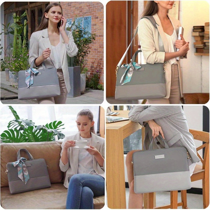 Leather Laptop Bag for Women 15.6-Inch Carrying - Computer Bag Laptop Case Shoulder Slim Work Travel Grey