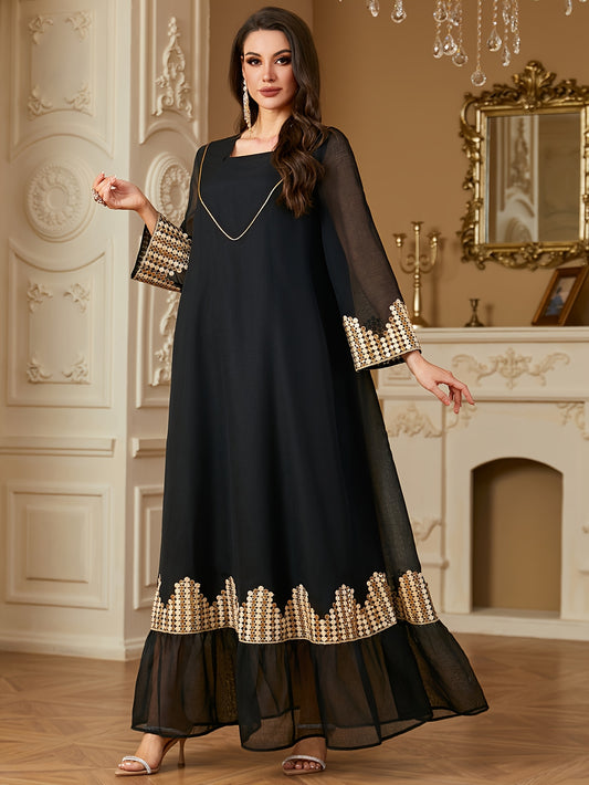 Elegant Black Square Neck Long Sleeve A-Line Modern Abaya with Golden Embroidery & Belt Accents - Machine Washable Formal & Casual All-Season Wear, Chic Dress, Evening Wear