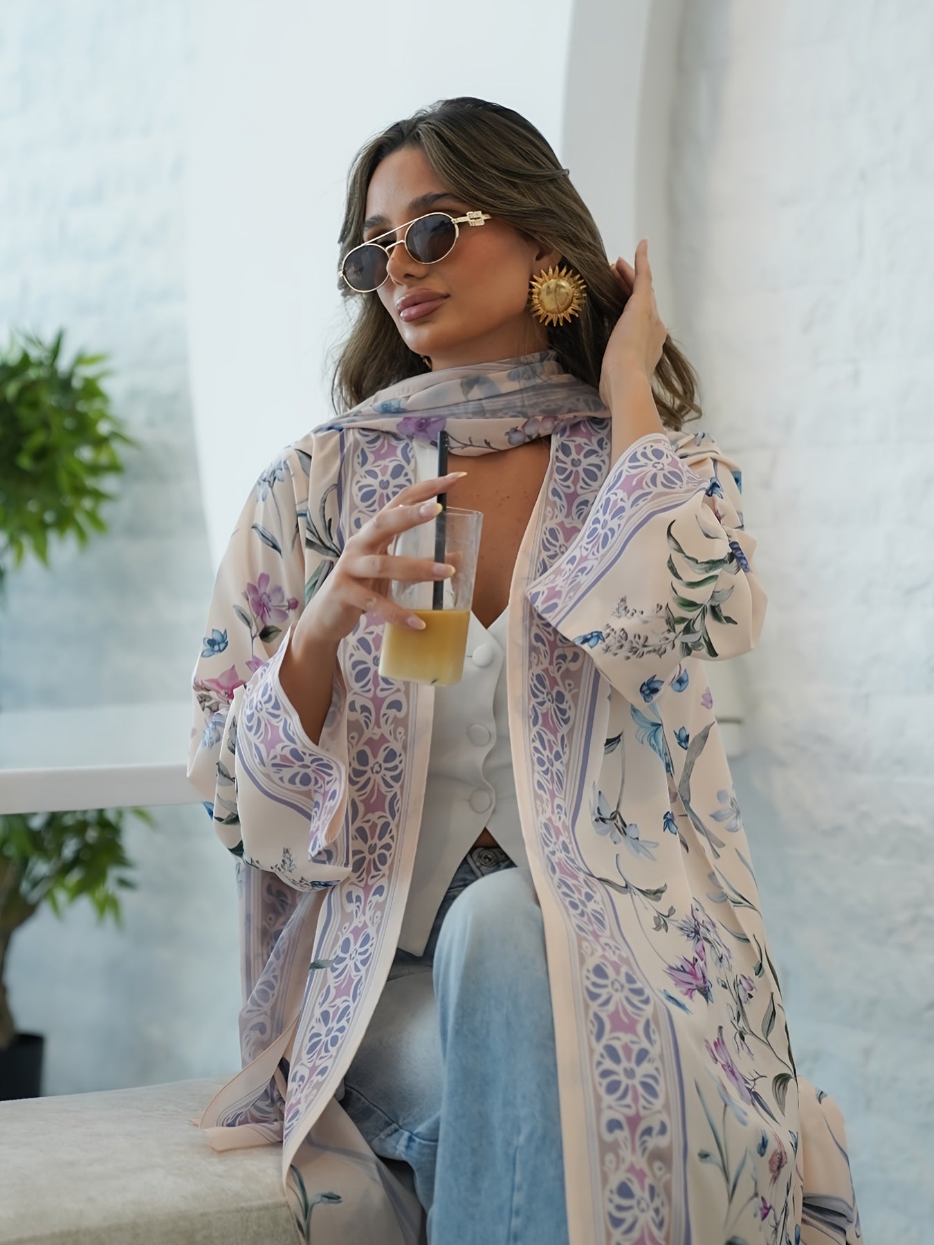 Floral Print V-Neck Abaya Robe with Long Sleeves - Lightweight Loose Fit Long Dress and Headscarf Set for Women, Spring/Summer Collection, Versatile Fashionable Long Robe, Headscarf 2pcs