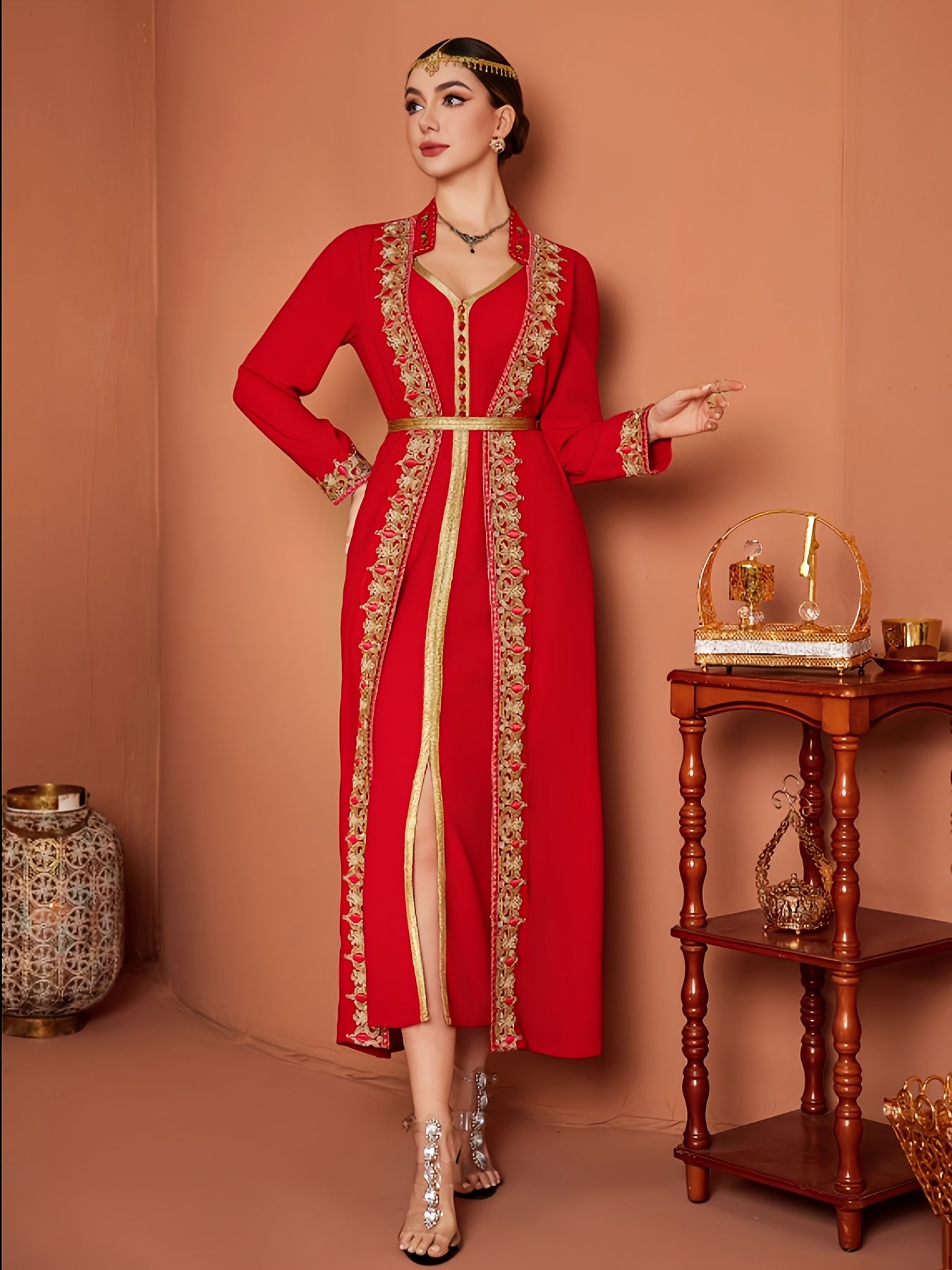 Women's Red Middle Eastern-Inspired Casual Emirati Abaya with Waist & Long Sleeves - 100% Polyester Lightweight Spring/Summer Dress, Elegant Hand Wash Only Solid Color Dress