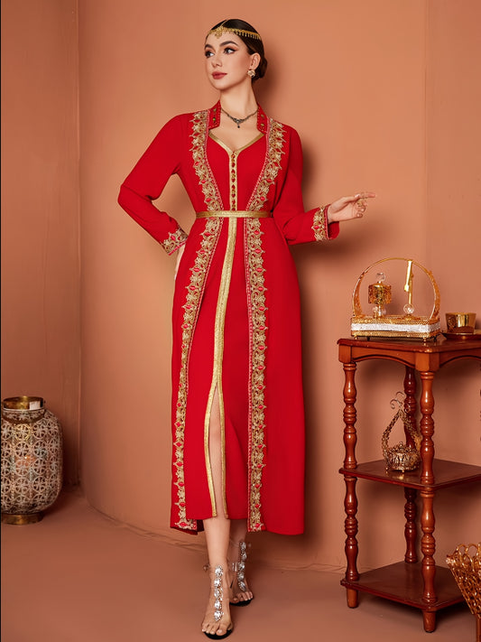 Women's Red Middle Eastern-Inspired Casual Emirati Abaya with Waist & Long Sleeves - 100% Polyester Lightweight Spring/Summer Dress, Elegant Hand Wash Only Solid Color Dress