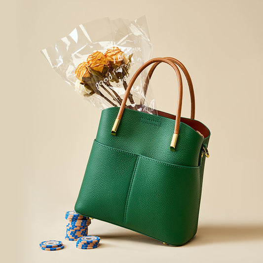 Genuine Leather Bucket Bag for Women - Top-Grain Cowhide Crossbody Handbag with Golden-Tone Hardware, Zipper Closure & Polyester Lining