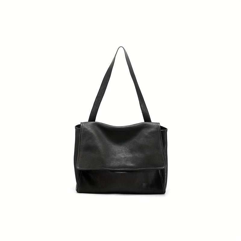 Top-Grain Vintage Genuine Leather Tote Messenger Bag - Flap Closure, Fixed Shoulder Strap, Large Capacity