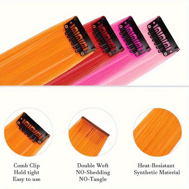 [Mixed Color Hair Extensions] 24pcs Mixed Color Clip-In Hair Extensions Set | 55.88cm Straight Synthetic Hairpieces for Women, High Temperature Fiber, Fashionable for Parties, Halloween & Cosplay