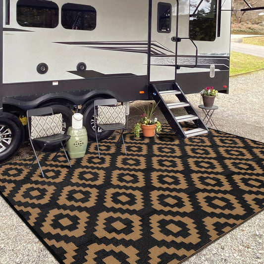 1pc Outdoor Reversible Erasable Area Rugs For Garden Backyard Large Portable Carpet Lightweight Plastic Straw Rug For Camping Foldable Easy Care Picnic Mat Modern Geometric Rugs RV Patio Auto Decor Black And Brown