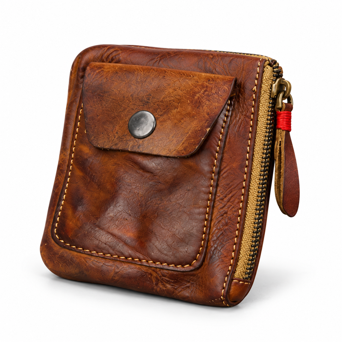 Vintage Brown Zipper Pouch With Pocket