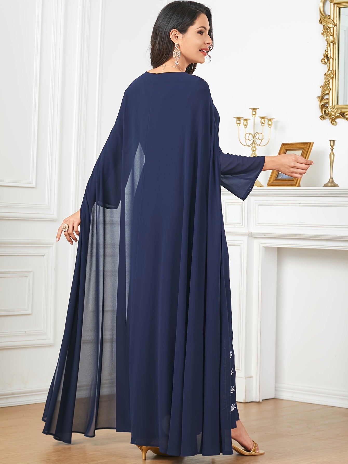 Polyester Traditional Abaya Dress - Solid Color Round Neck Embroidered Long Sleeve with Cape, Regular Fit, All-Season, Middle Eastern Cultural Apparel