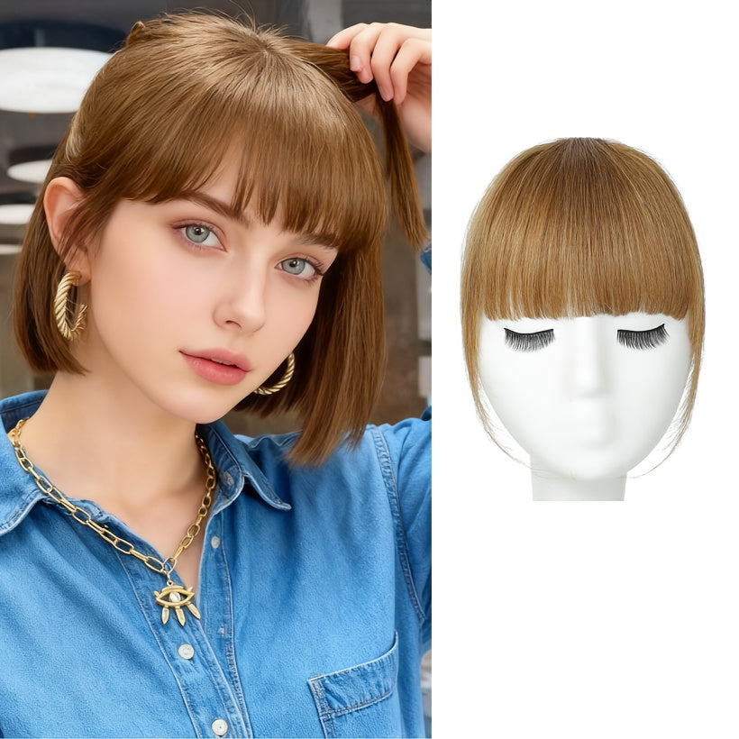 1pc Women'S Natural Brown Human Hair Clip-In Bangs Wig - Soft Wavy with Straight Ends, Secure Clip-In Design, Natural Hairline & Easy Wear