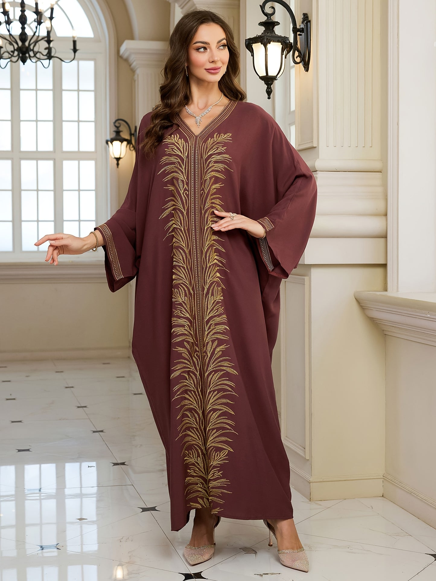 Women's Golden Floral Embroidered V-Neck Batwing Sleeve Kaftan Robe - Loose Fit Plus Size Long Dress for Ramadan Eid Beach Vacation, Middle Eastern Cover Up, Muslim Abaya Dress