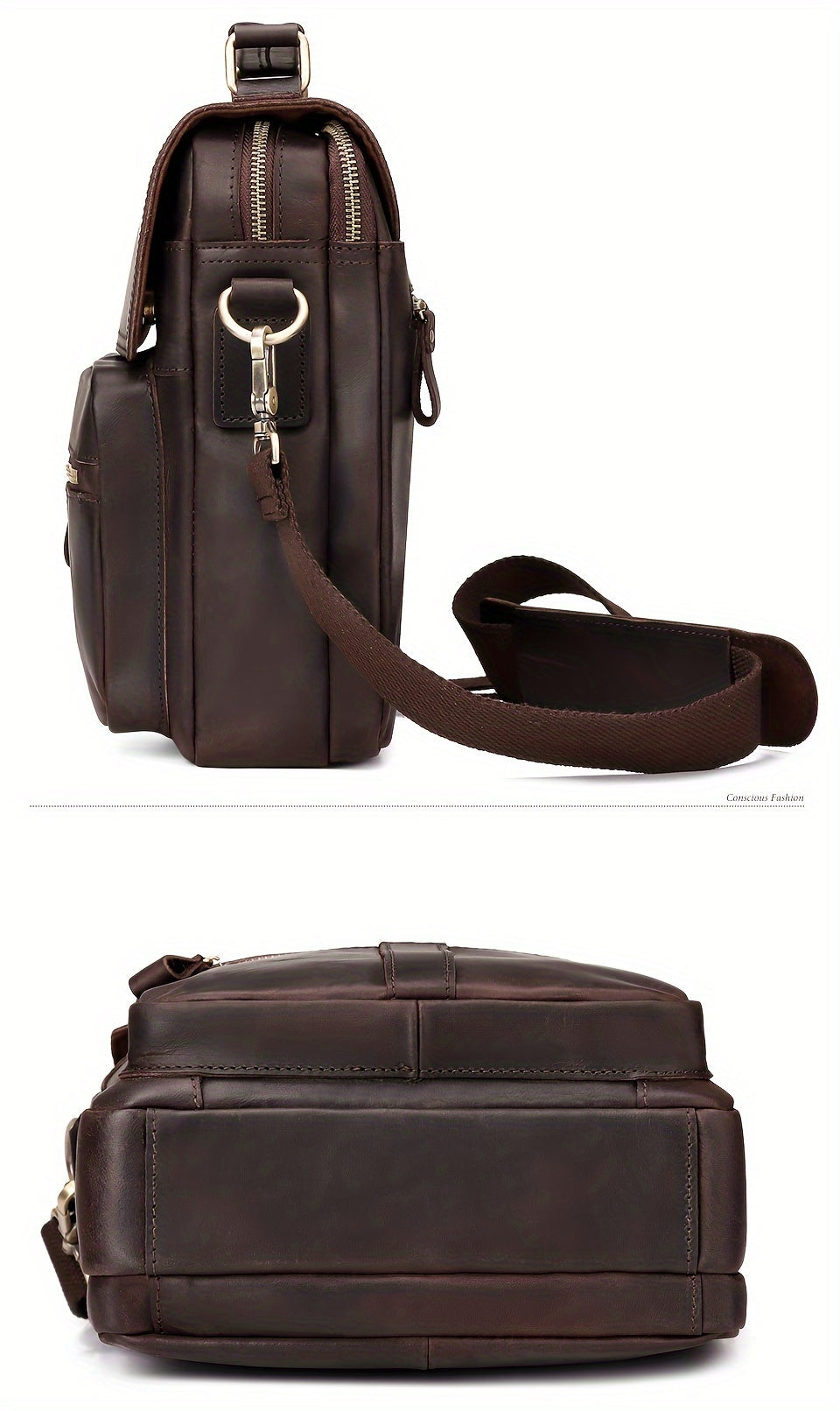 Men's Genuine Crazy Horse Leather Crossbody Bag - Adjustable Shoulder Strap, Multiple Compartments, Black Messenger Bag for Outdoor Travel & Business