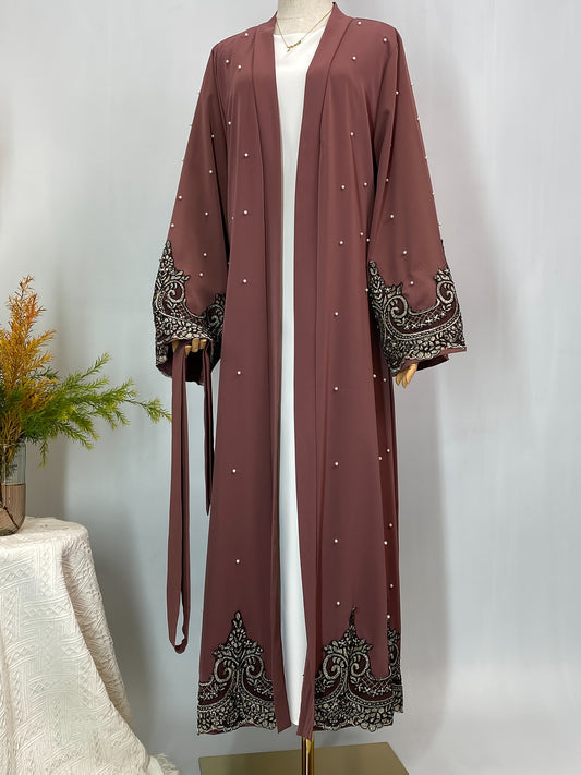 Stylish Muslim Long Sleeve Party Robe with Luxurious Appliqué Beaded Open Front Abaya