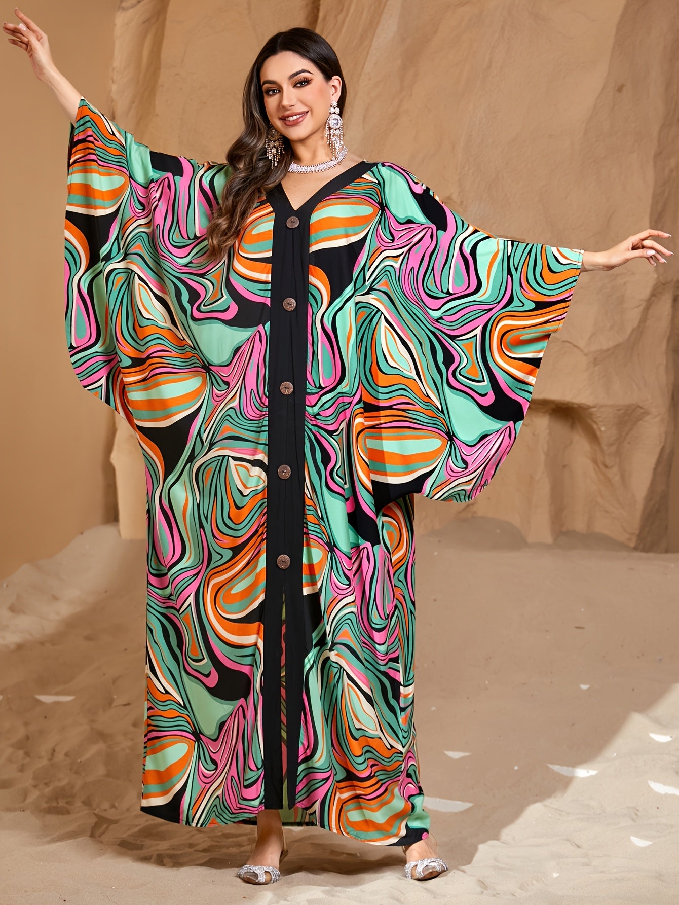[EDOLYNSA Maxi Dress] EDOLYNSA Elegant Open Front Long Sleeve Maxi Dress | Colorful Striped Print Ethnic Style Middle Eastern Fashion Loose Casual Kaftan Robe Q1827