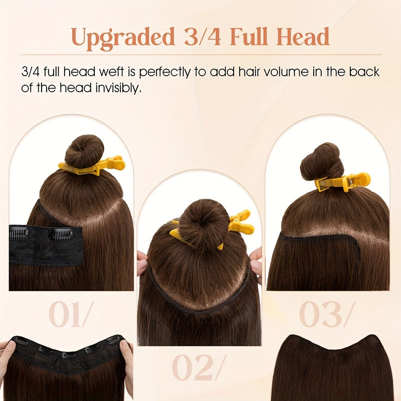 20-Inch Single Piece Clip-In Hair Extensions Made from Human Hair, Featuring an Upgraded V-Shape Design with Five Clips, Ideal for Women Seeking Long Hairpieces
