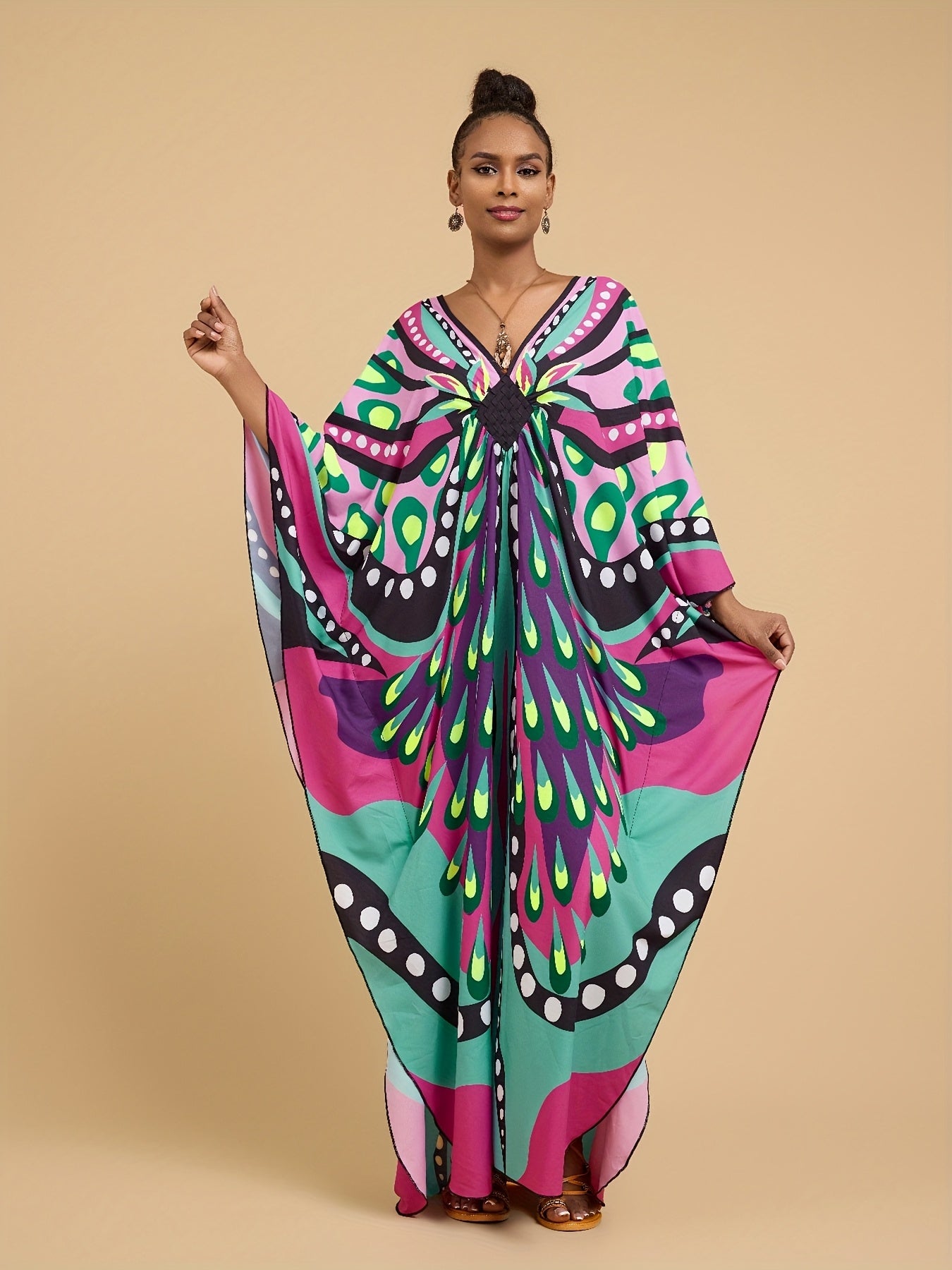 [Vibrant Kaftan Dress] Vibrant Colorful Kaftan Dress - All-Over Print V-Neck Loose Fit Maxi with Side Slit, Elegant Short Sleeve for Women, Perfect for Beach Vacations, Home Casual, and Middle Eastern Style, Beach Coverup Dress