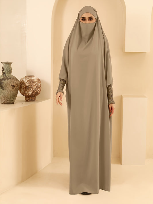 Women's Long Sleeve Abaya Dress - Loose Fit Solid Blue Kraft Style with Frill Hem