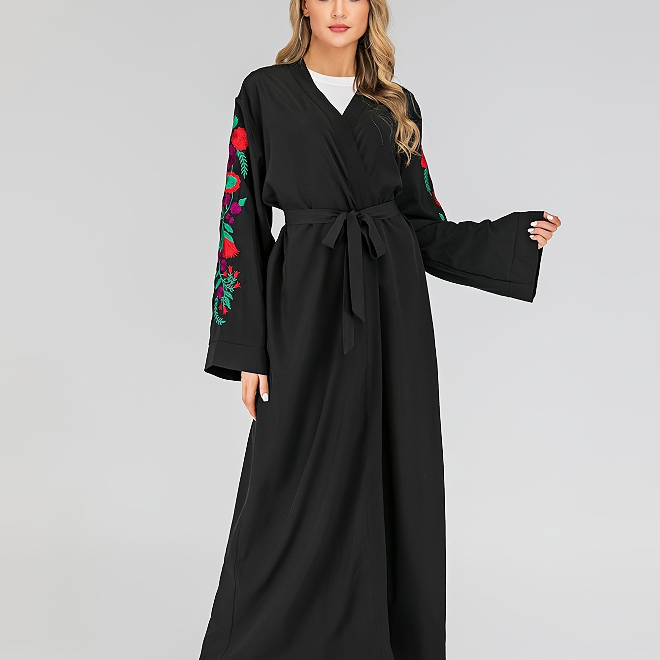 Women's Elegant Islamic Emirati Abaya Robe - Long Sleeve Islamic Dress with Belt, Black with Floral pattern, Lightweight Non-Stretchy Fabric for Everyday & Ramadan