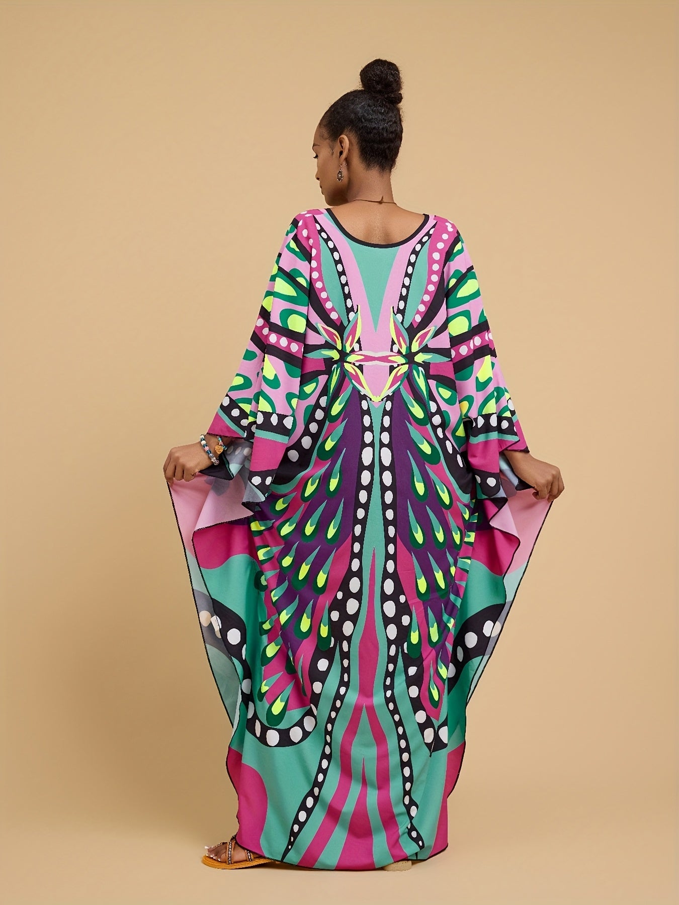 [Vibrant Kaftan Dress] Vibrant Colorful Kaftan Dress - All-Over Print V-Neck Loose Fit Maxi with Side Slit, Elegant Short Sleeve for Women, Perfect for Beach Vacations, Home Casual, and Middle Eastern Style, Beach Coverup Dress