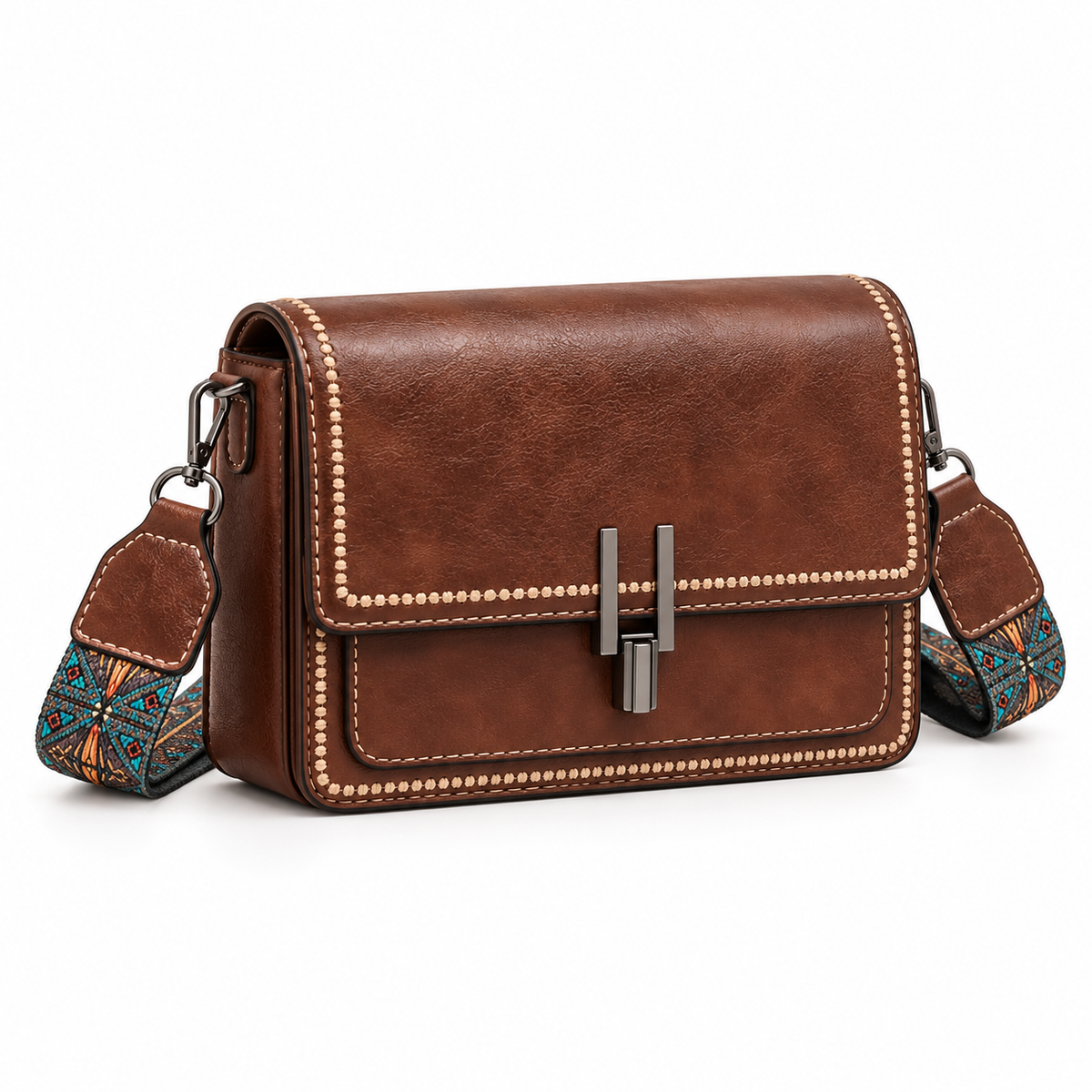 Vintage Brown Patterned Strap Crossbody Bag