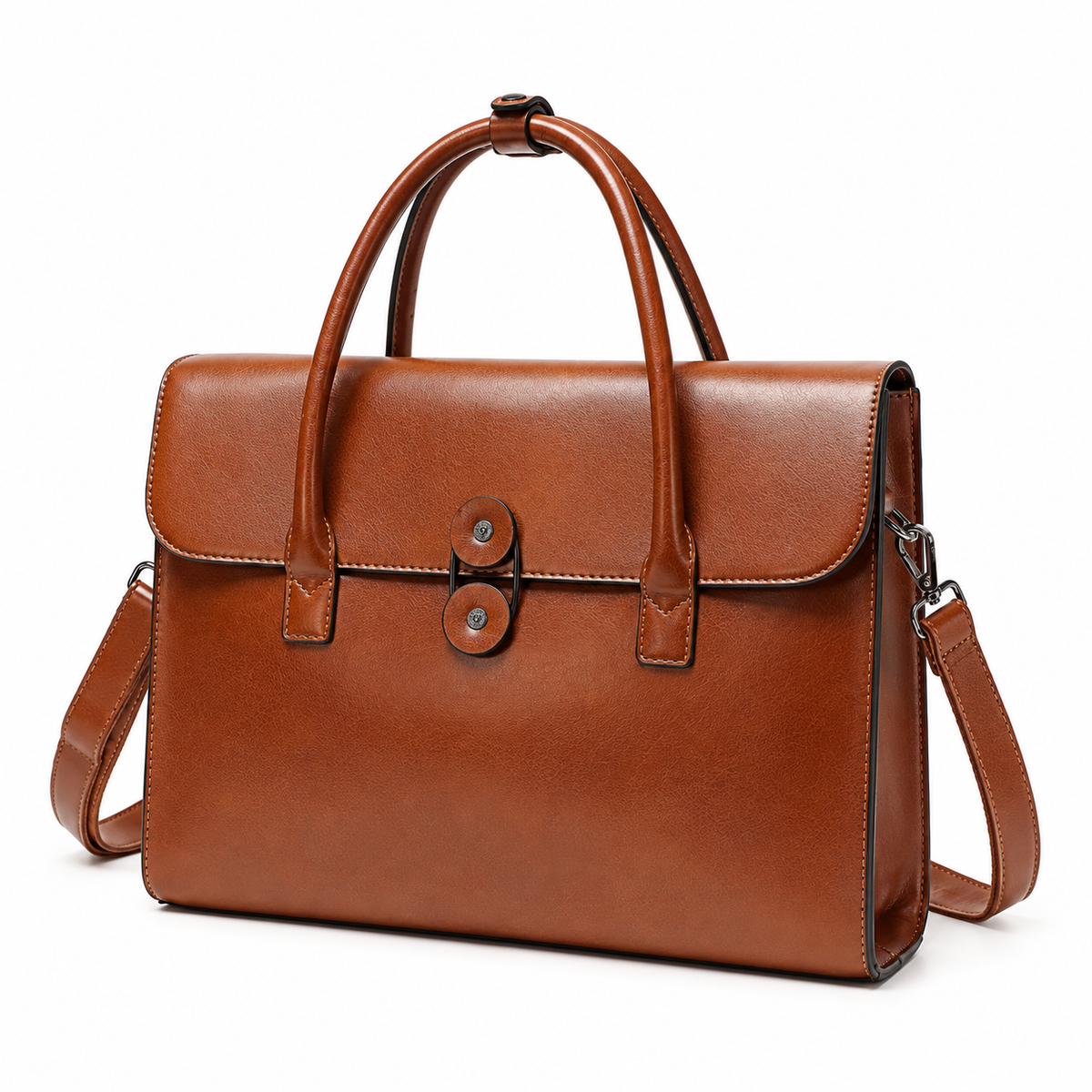 Classic Cognac Leather Briefcase With Strap