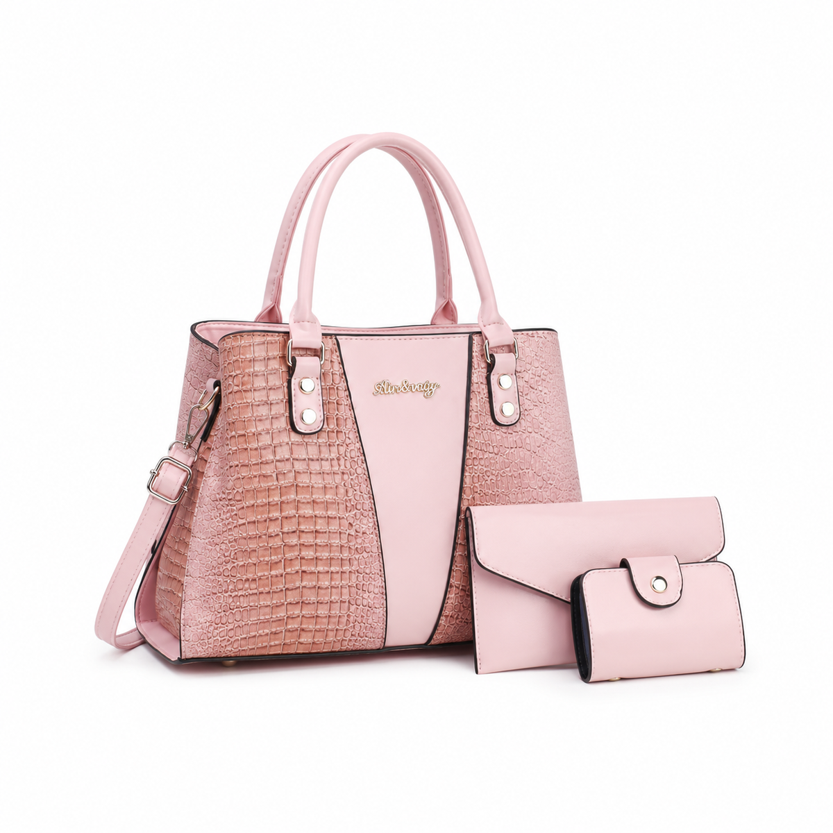 Blush Pink Croc Embossed Tote Handbag Set