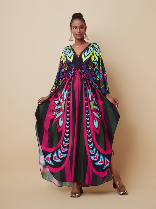 Plus Size - V-neck Kaftan Slit Women's Dress Party Outfit Summer Cover Up Dress Onesize Butterfly Abaya
