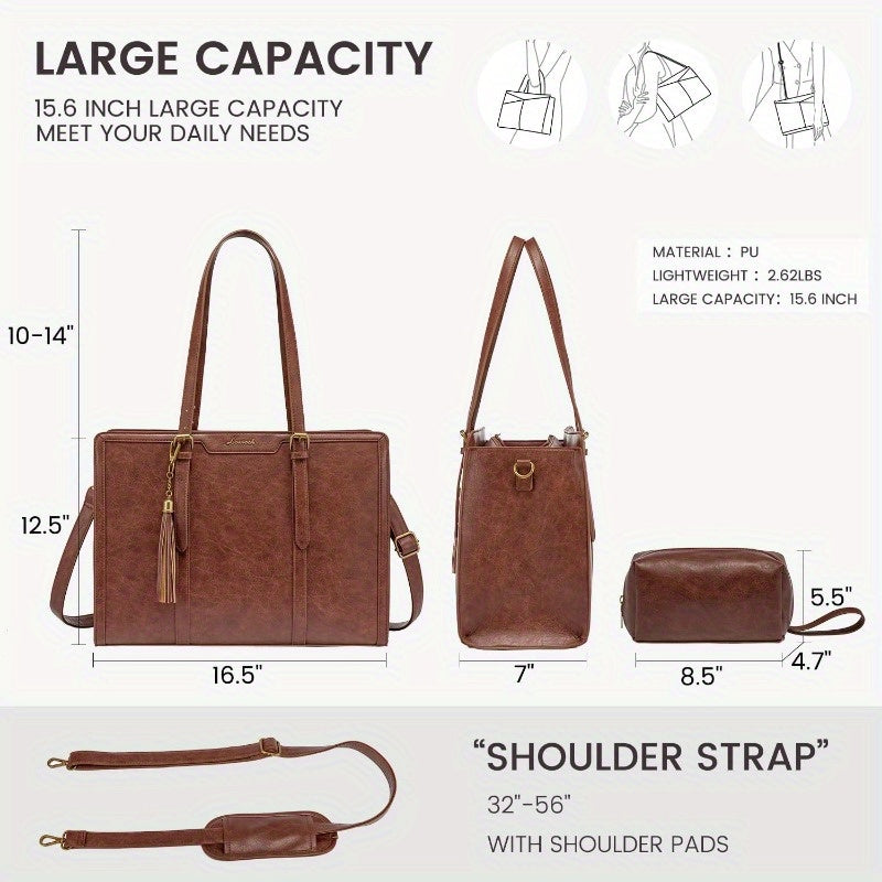 Women's Vintage Laptop Leather Tote Bag 15.6 Inch with Clutch Purse - Large Capacity Work Bag, Multi-Pocket Organizer & Metal Feet, Convertible Shoulder/Crossbody Bag for Office, Travel