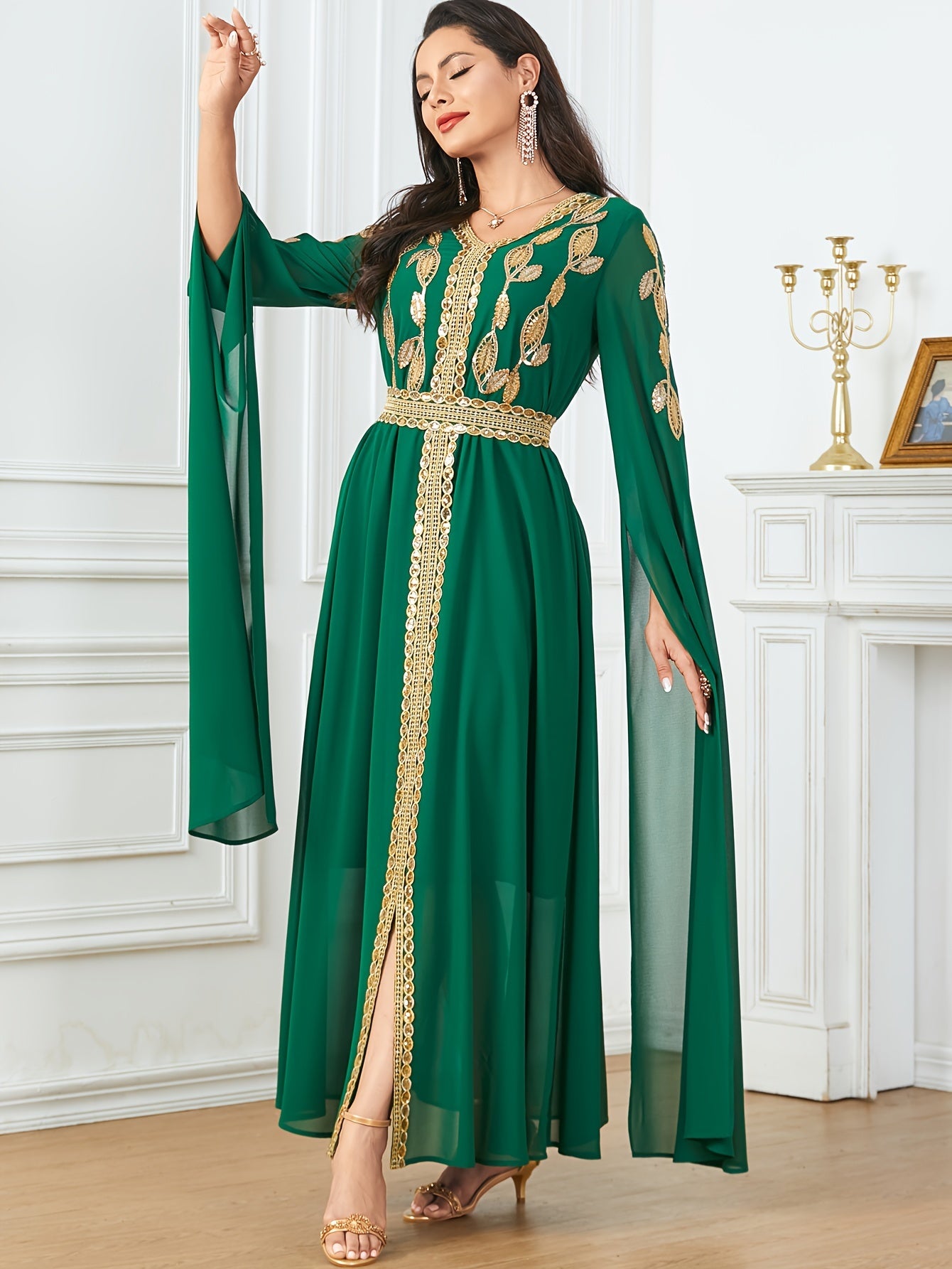 Embroidered V-Neck Abaya Dress, Elegant Cape Sleeve Maxi Dress, Women's Clothing