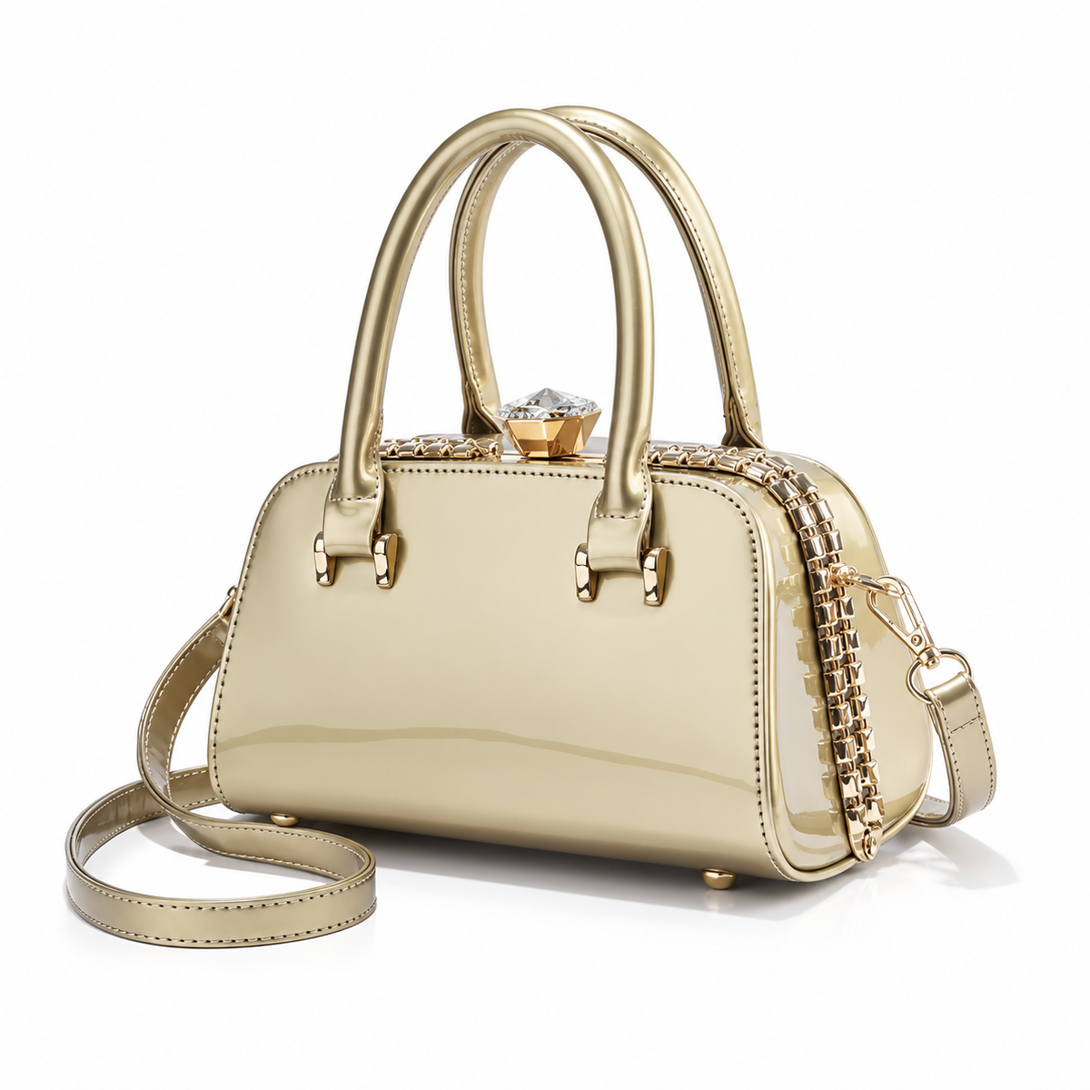 Champagne Gold Handbag With Crystal Clasp