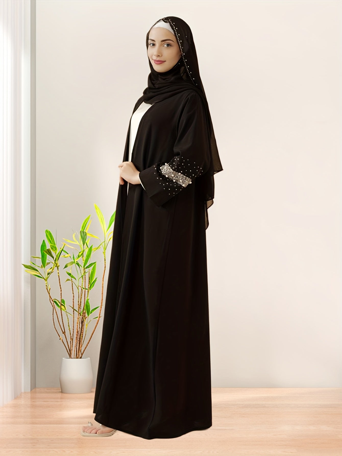 2pcs/Elegant black Muslim Pakistani Abaya with faux pearl embellishments, paired with a matching hijab scarf, made of lightweight and breathable fabric, suitable for prayer, family gatherings, or daily wear