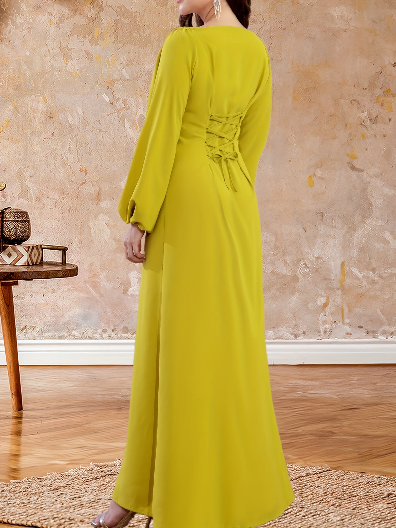 Elegant Long Sleeve Polyester Dress with Lantern Sleeves, Solid Color, Tie Back, and Belted Waist Palestinian Abaya