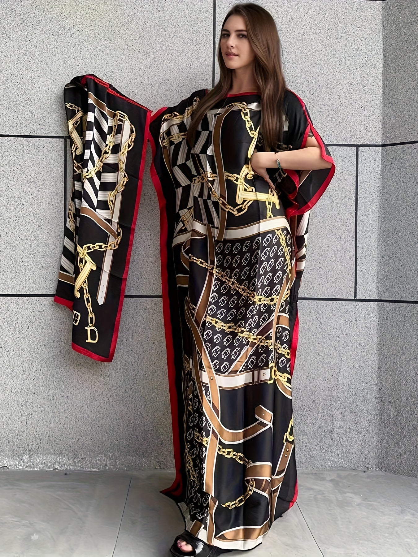 Chain Print Boat Neck Modest Dress, Elegant Batwing Sleeve Loose Maxi Dress With kaftan Abaya, Women's Clothing
